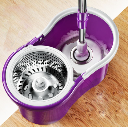 360 Degree Spin Mop & Stainless Steel Bucket Kit with Free Mop Heads (Purple)