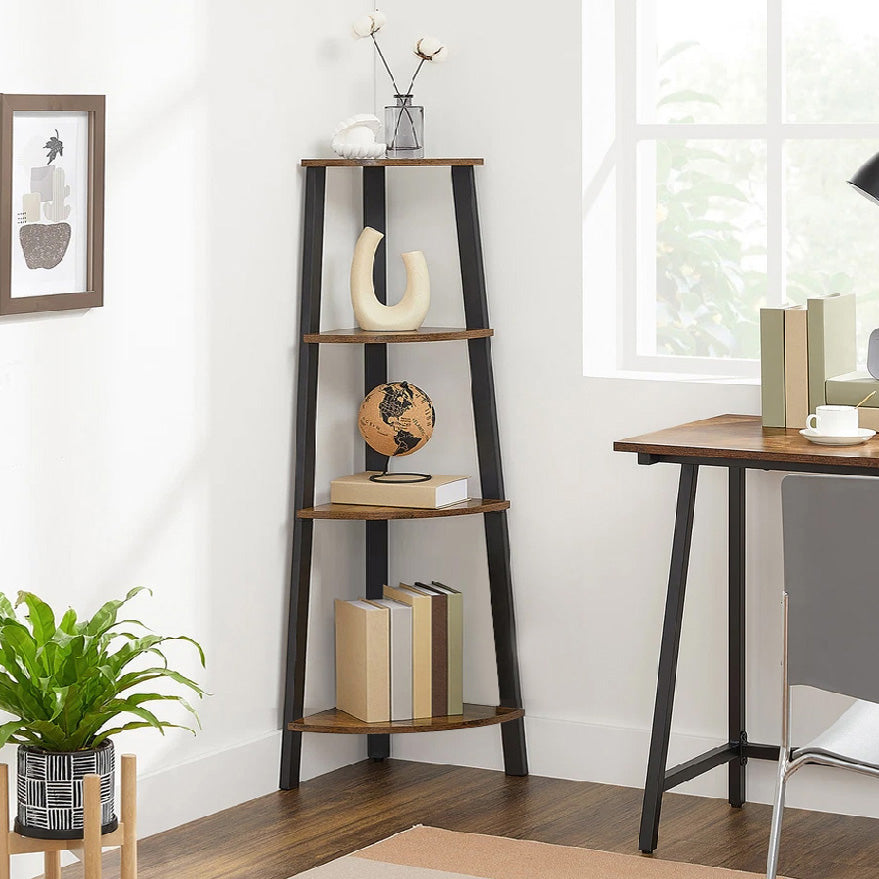 4-Tier Corner Ladder Shelf Unit Rustic Wood & Steel Display Stand Storage Rack