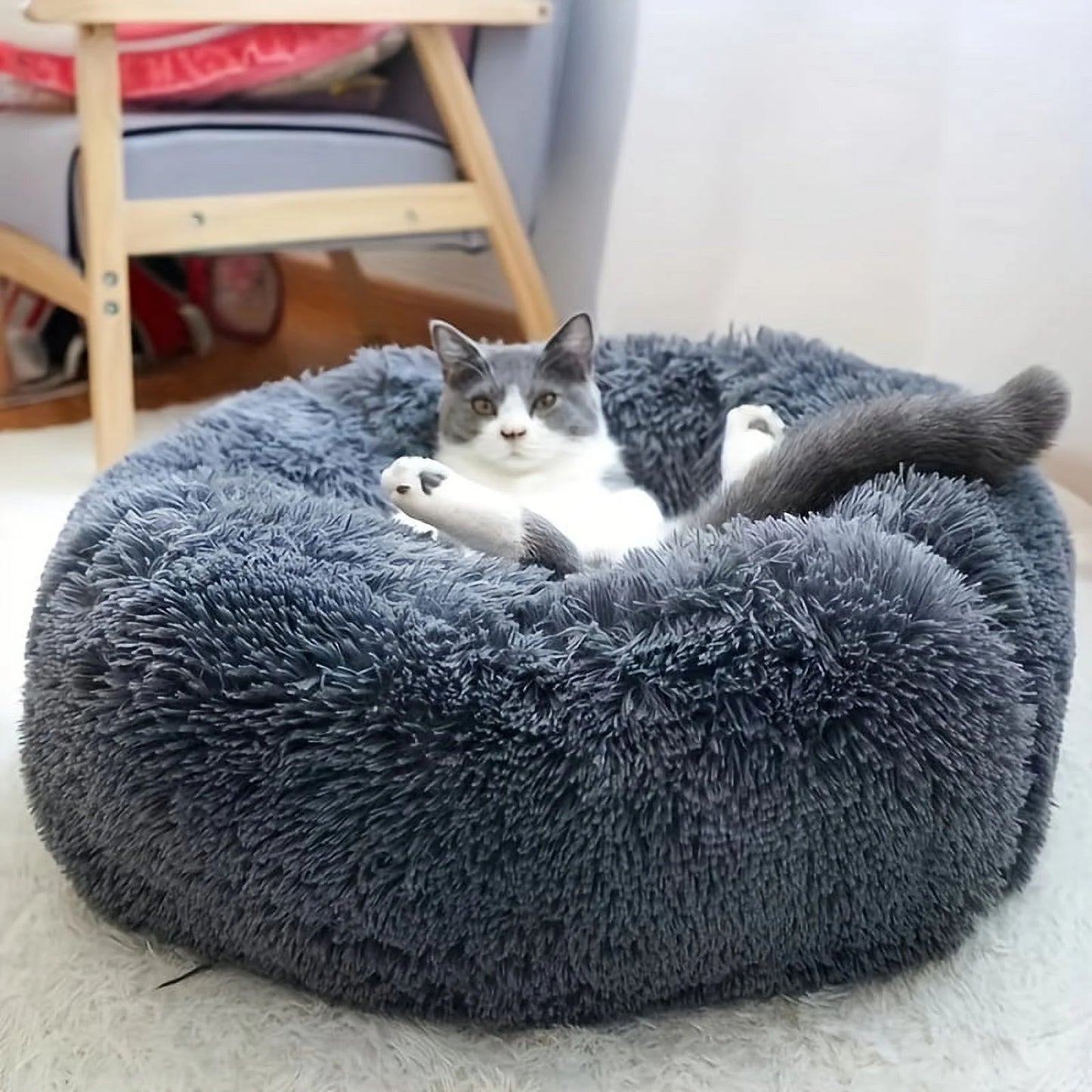 Cozy Plush Soft Fluffy Pet Bed Dog Cat Bed (Dark Grey, 50cm)