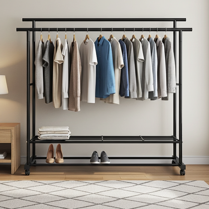 Large 1.5m Wide Double 2-Tier Coat Hanging Stand Wardrobe Clothes Hanger Rack (Black)