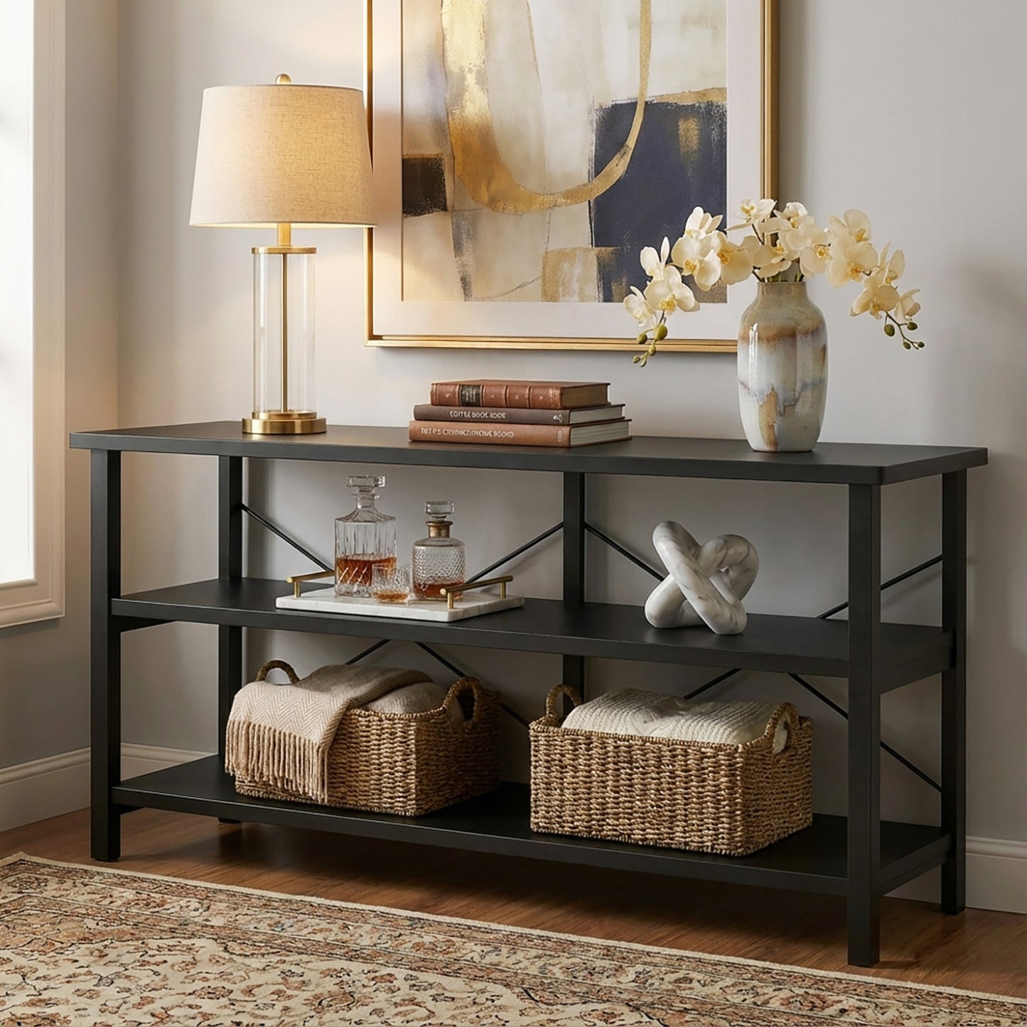 Serenity Industrial Console Table Bookcase TV Stand Storage Shelf Unit (Black)