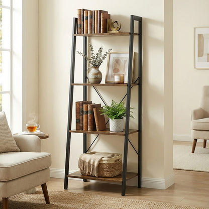 Elevate Rustic Wood & Metal 4-Tier Ladder Shelf Bookcase Storage Organizer