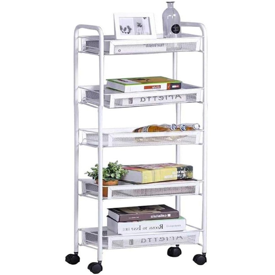 5 Tier Large Steel Multipurpose Storage Shelf Utility Cart Kitchen Trolley (White)