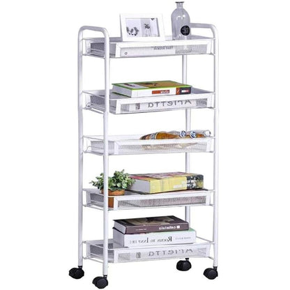 5 Tier Large Steel Multipurpose Storage Shelf Utility Cart Kitchen Trolley (White)