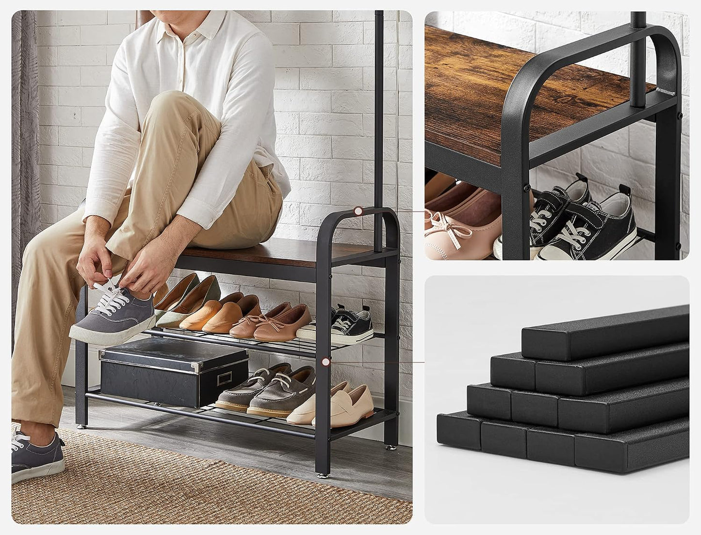 4-in-1 Tall Rustic Wood Coat Clothes Hanger Rack with Shoe Bench
