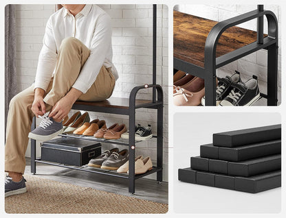 4-in-1 Tall Rustic Wood Coat Clothes Hanger Rack with Shoe Bench