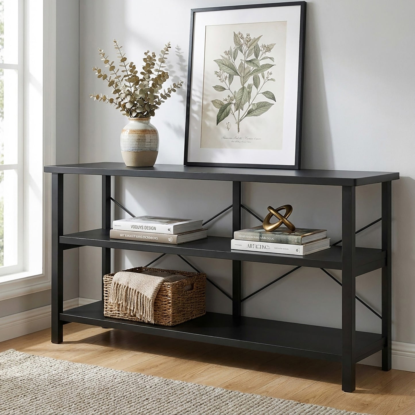 Serenity Industrial Console Table Bookcase TV Stand Storage Shelf Unit (Black)