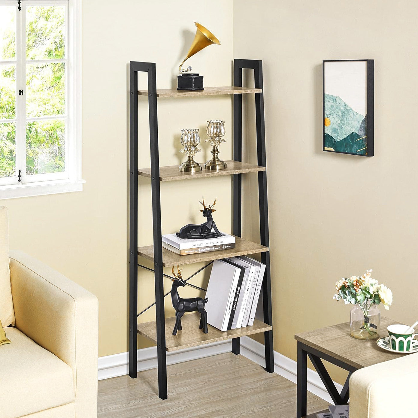 Elevate Rustic Oak 4-Tier Ladder Shelf Wood & Metal Bookcase Storage Organizer
