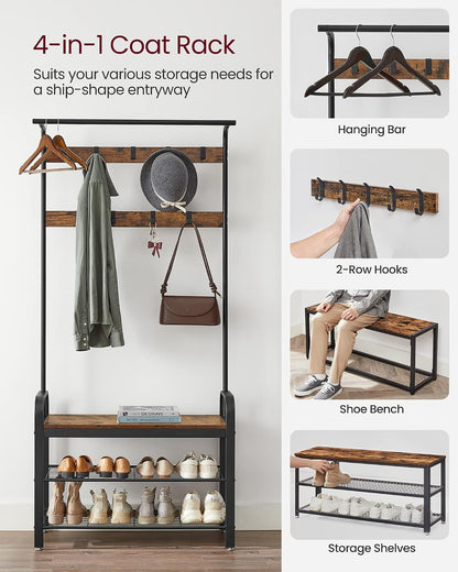 4-in-1 Tall Rustic Wood Coat Clothes Hanger Rack with Shoe Bench