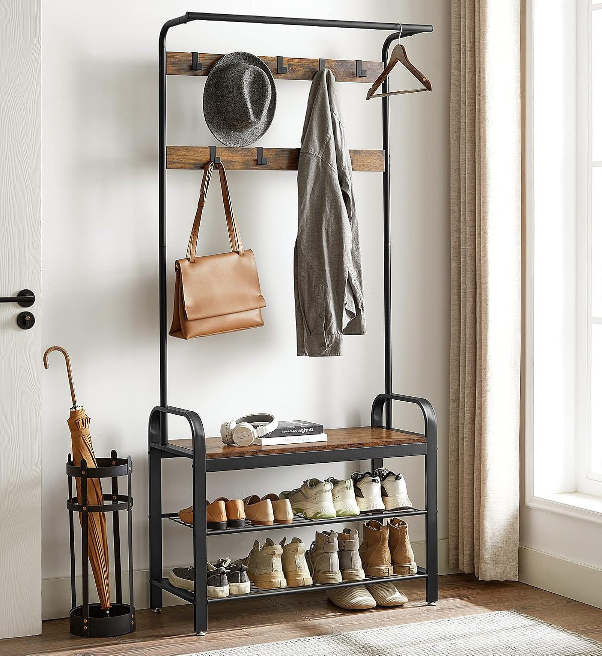 4-in-1 Tall Rustic Wood Coat Clothes Hanger Rack with Shoe Bench