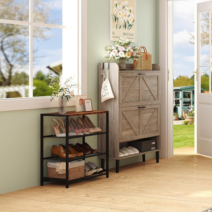 Vita 4-Tier Rustic Wood & Metal Shoe Rack Storage Shelf Organiser