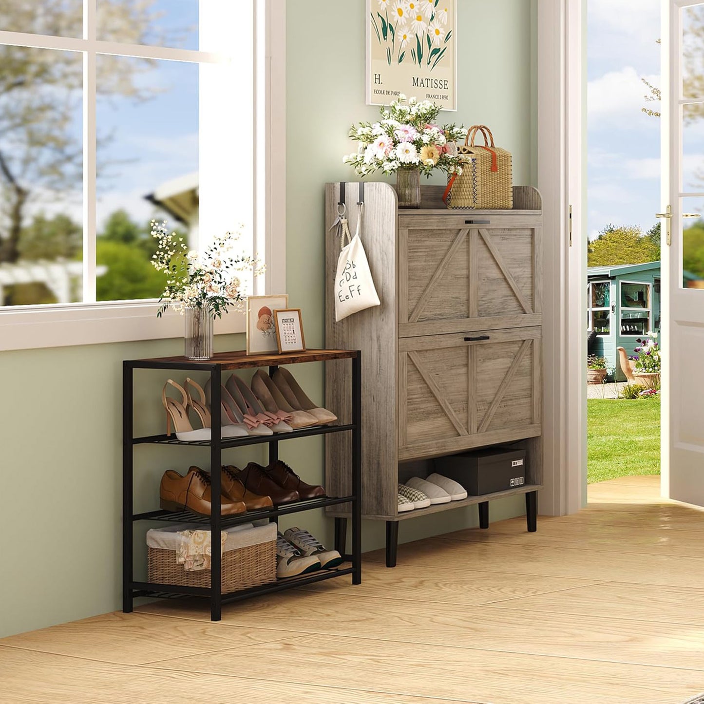 Vita 4-Tier Rustic Wood & Metal Shoe Rack Storage Shelf Organiser