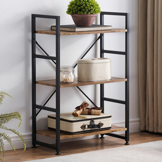 3 Tier Multifunction Heavy Duty Bookcase Rustic Wood & Steel Storage Shelf Organizer