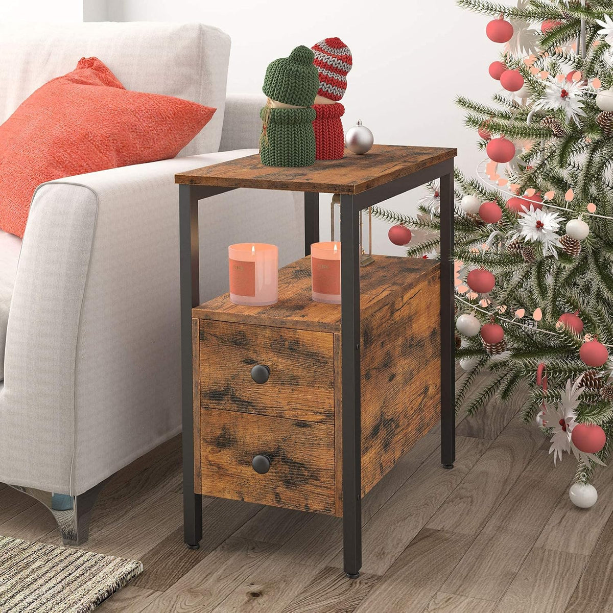 Verona Rustic Wood & Metal Bedside Sofa Side Table with Drawers