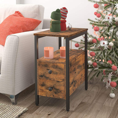 Verona Rustic Wood & Metal Bedside Sofa Side Table with Drawers
