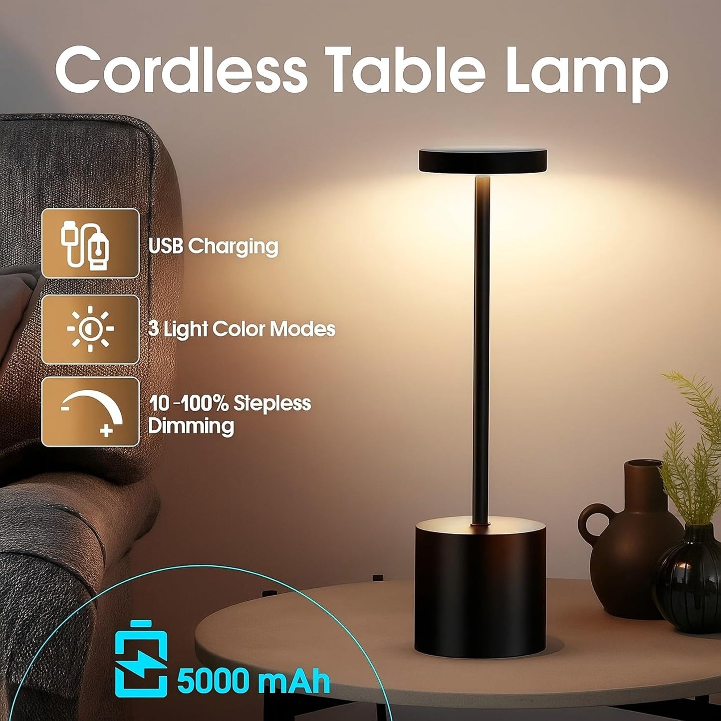 Luxury Designer LED Metal Tall Table Lamp Cordless Touch Sensor Night Light (Black)