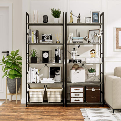 5 Tier Multifunction Heavy Duty Bookcase Wood & Steel Storage Shelf Organizer (Driftwood)
