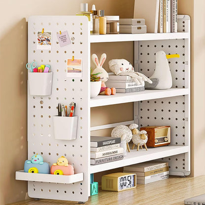 Multifunction Wooden Metal Desktop Bookshelf Pegboard Organizer Rack (White)