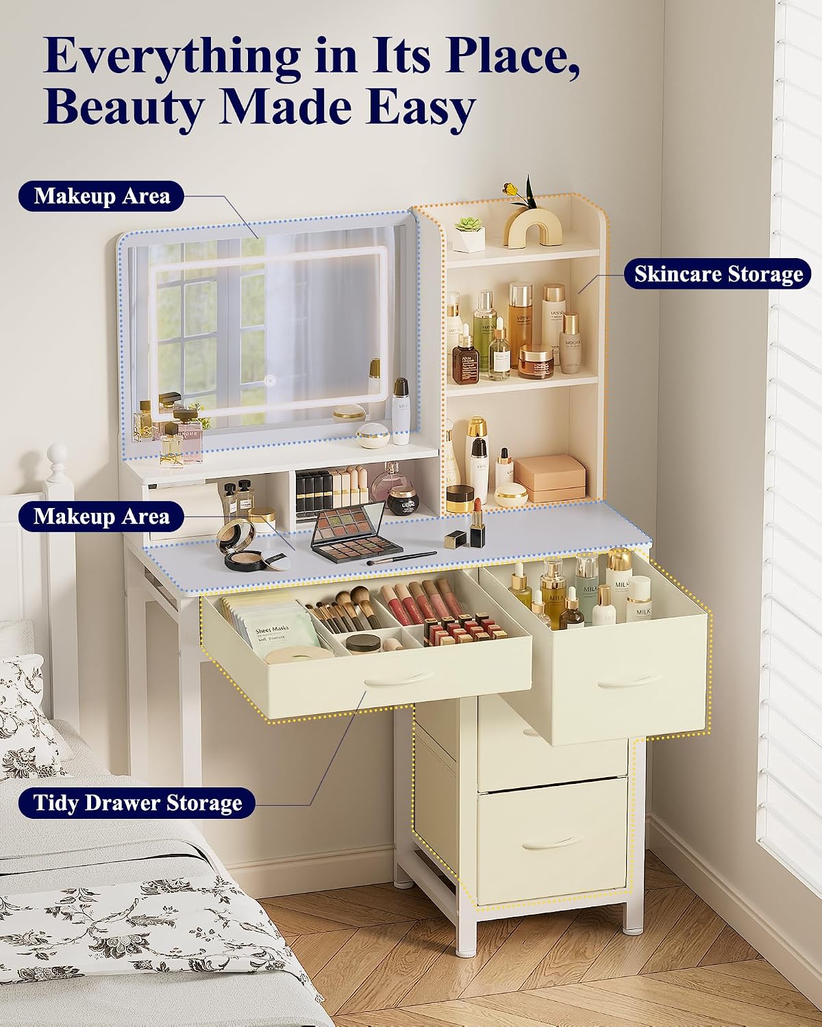 Deluxe LED Mirror Dresser Vanity Dressing Table Desk with Drawers White