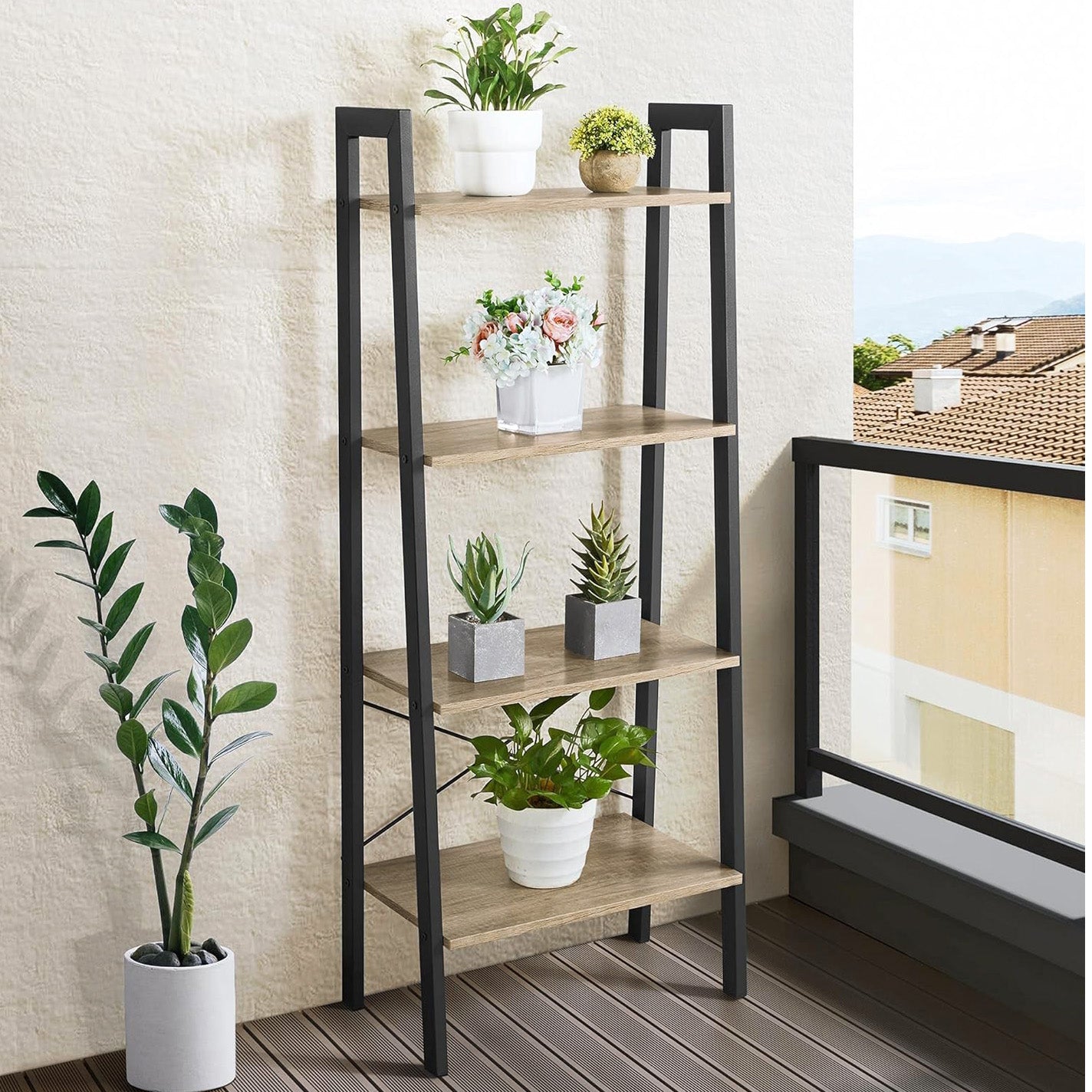 Elevate Rustic Oak 4-Tier Ladder Shelf Wood & Metal Bookcase Storage Organizer