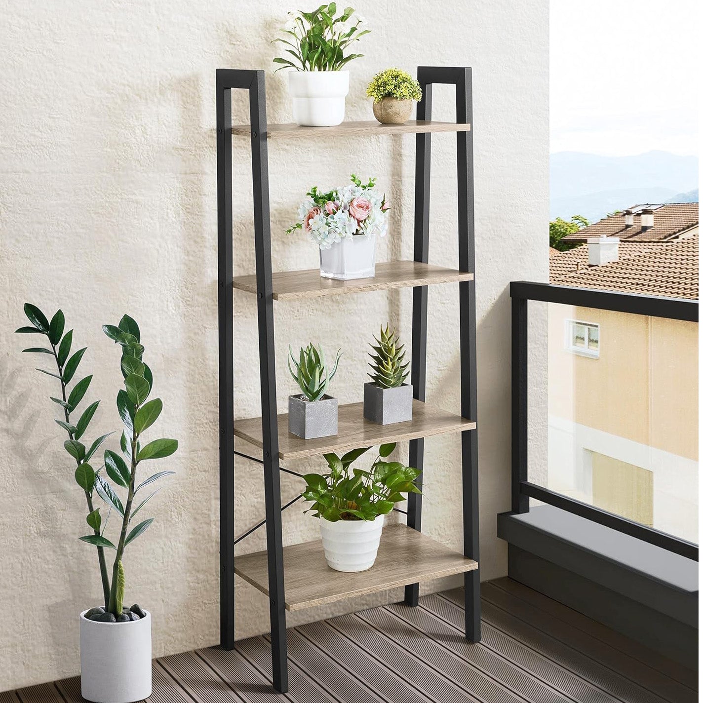 Elevate Rustic Oak 4-Tier Ladder Shelf Wood & Metal Bookcase Storage Organizer