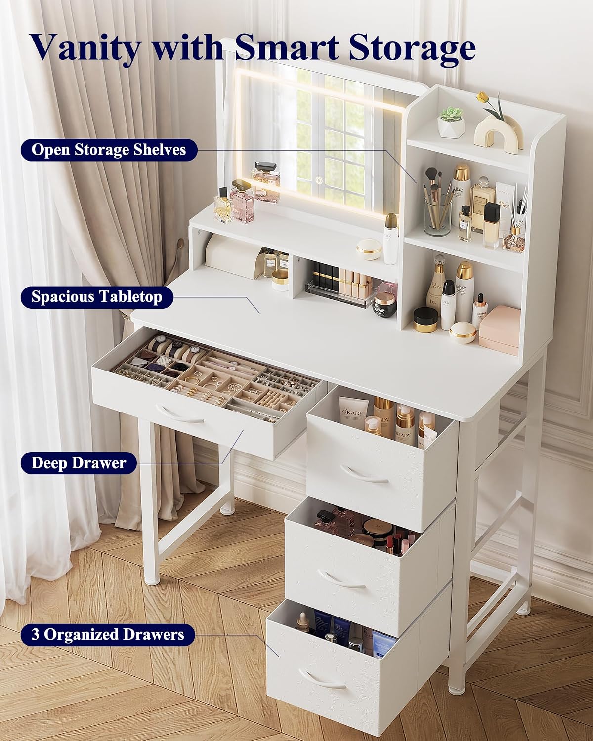 Deluxe LED Mirror Dresser Vanity Dressing Table Desk with Drawers White