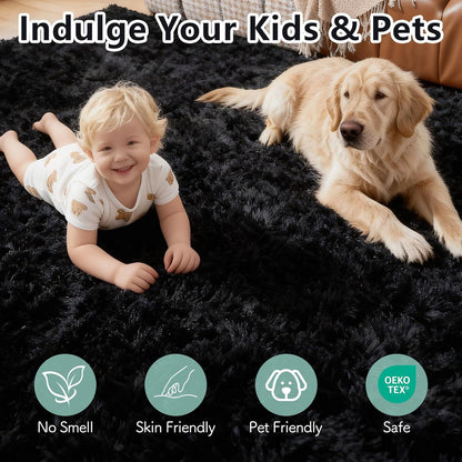 Large Soft Shag Rug Carpet Mat (Black, 230 x 160)