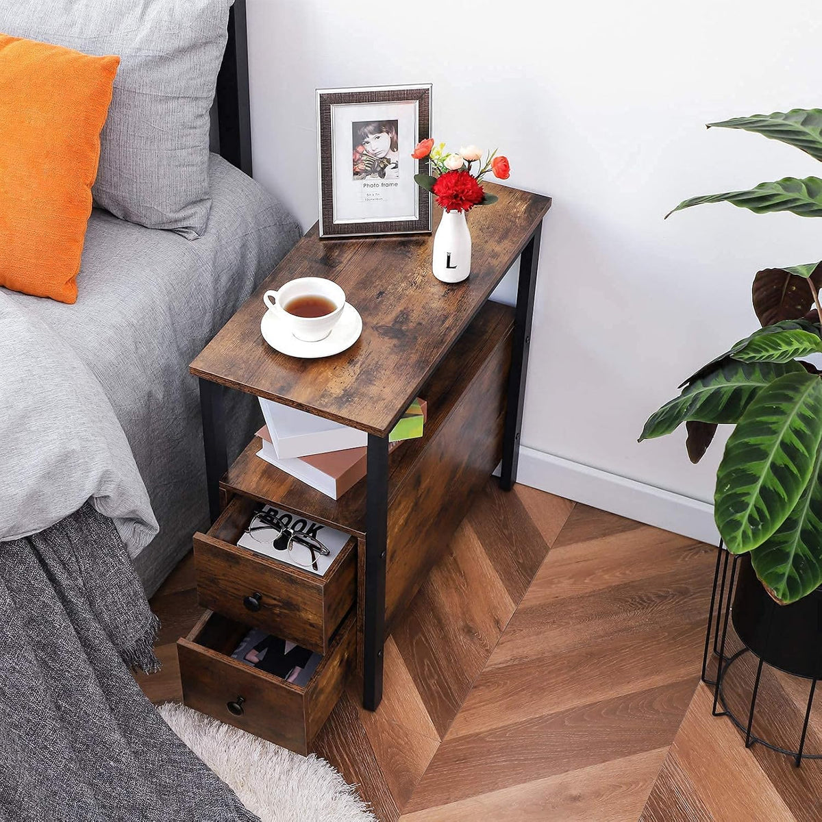 Verona Rustic Wood & Metal Bedside Sofa Side Table with Drawers