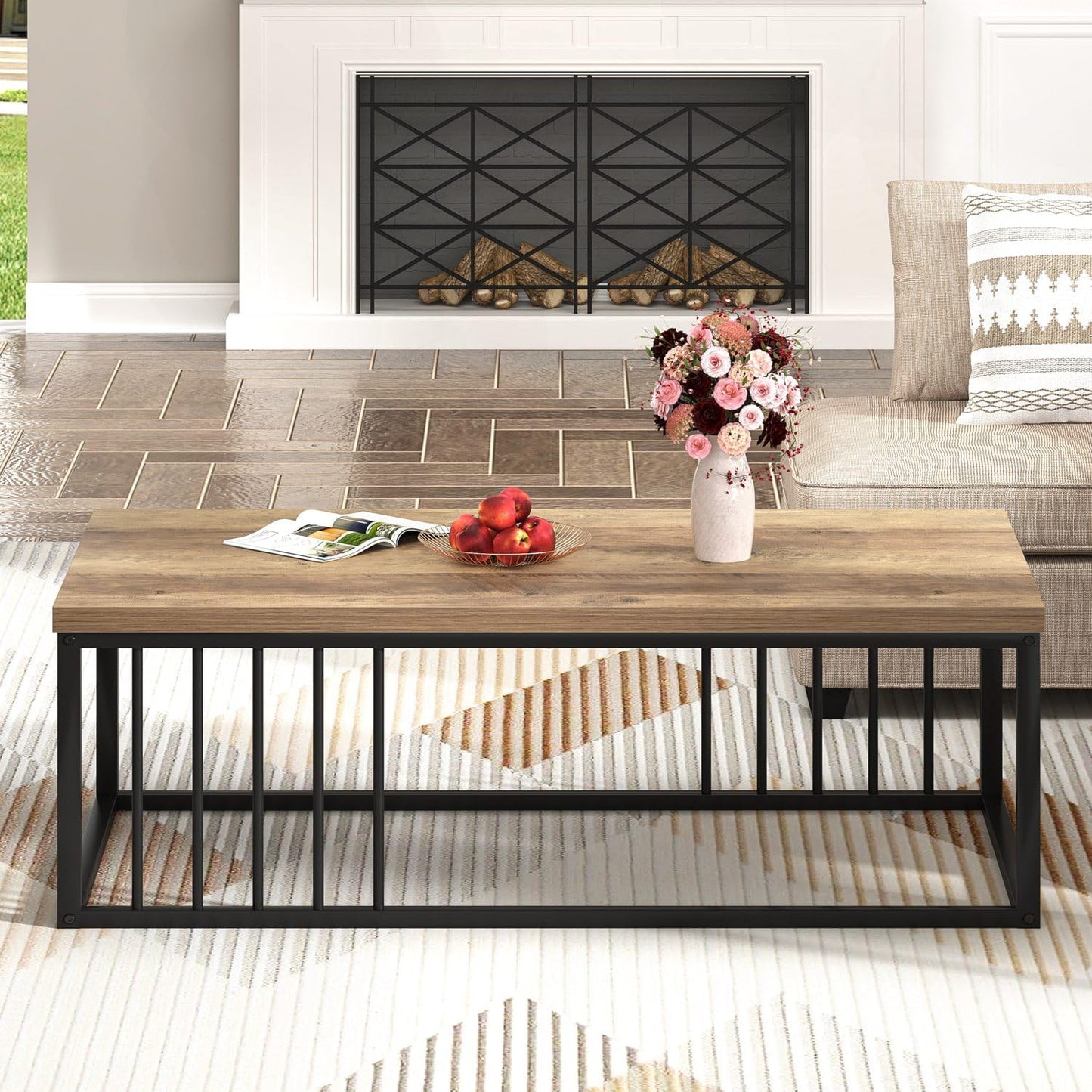 Urban Industrial Modern Wood and Metal Coffee Table Rustic Oak