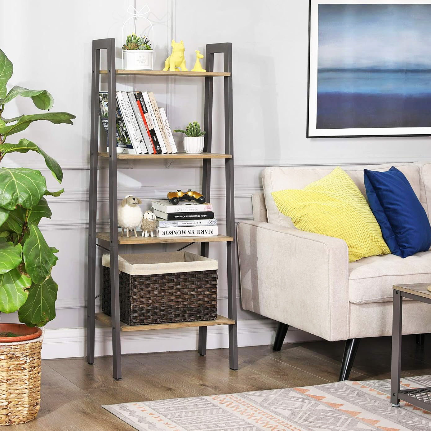 Elevate Rustic Oak 4-Tier Ladder Shelf Wood & Metal Bookcase Storage Organizer