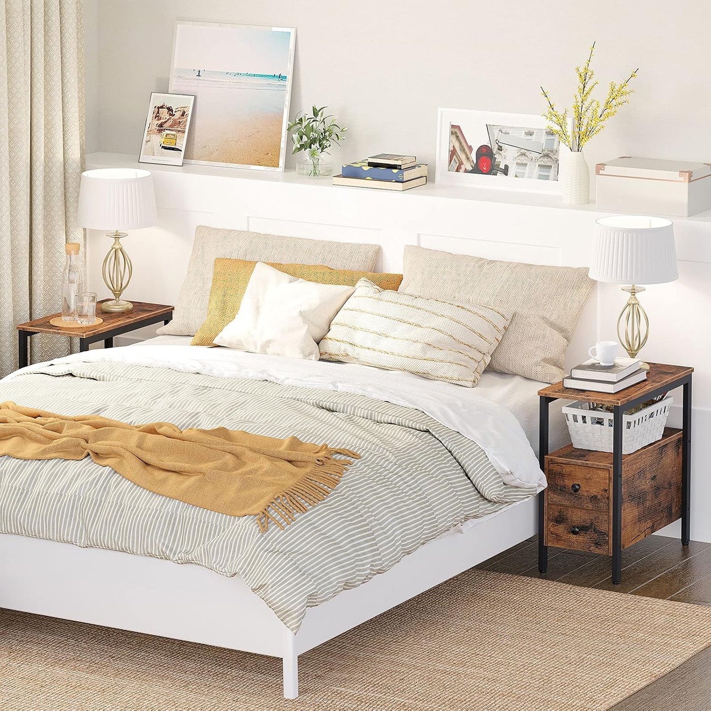 Verona Rustic Wood & Metal Bedside Sofa Side Table with Drawers