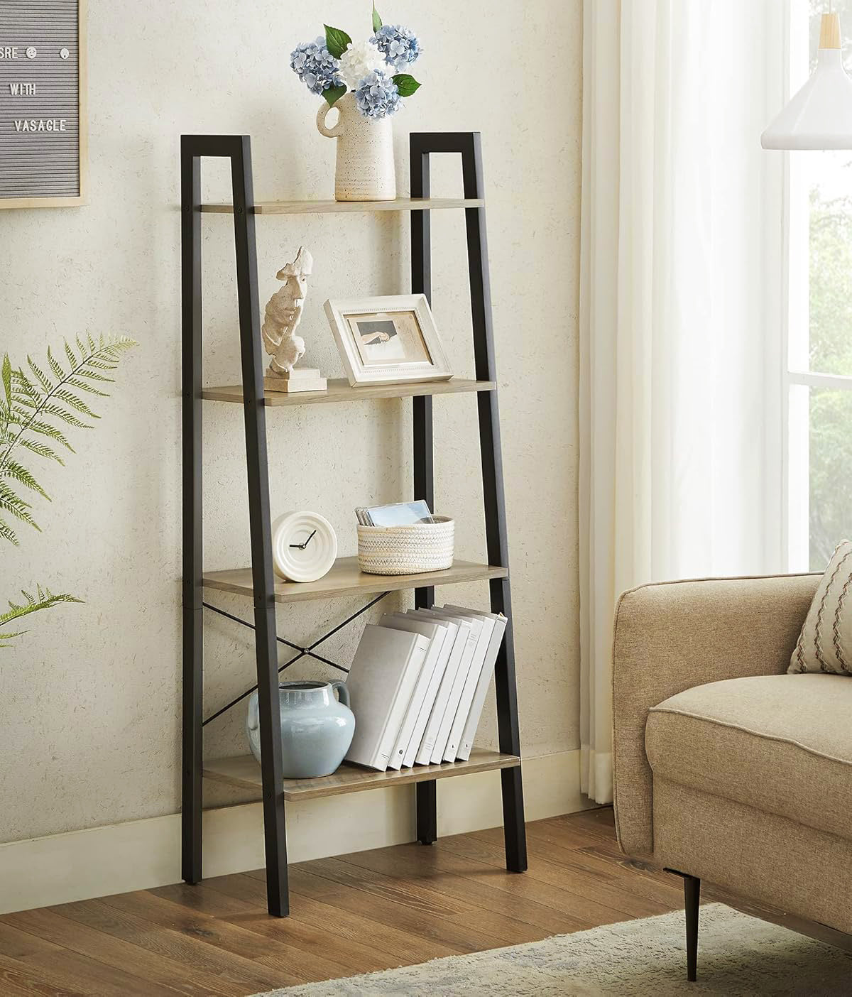Elevate Rustic Oak 4-Tier Ladder Shelf Wood & Metal Bookcase Storage Organizer