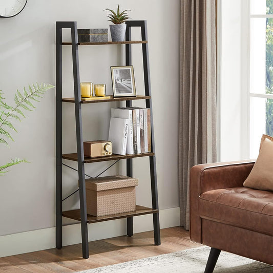 Elevate Rustic Wood & Metal 4-Tier Ladder Shelf Bookcase Storage Organizer