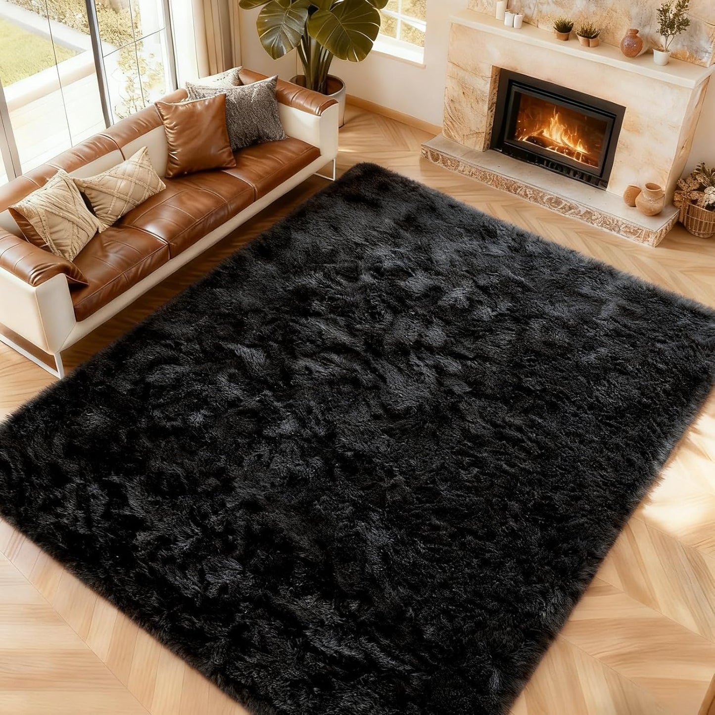 Luxe XL Extra Large Soft Shag Rug Carpet Mat (Black, 300 x 200)