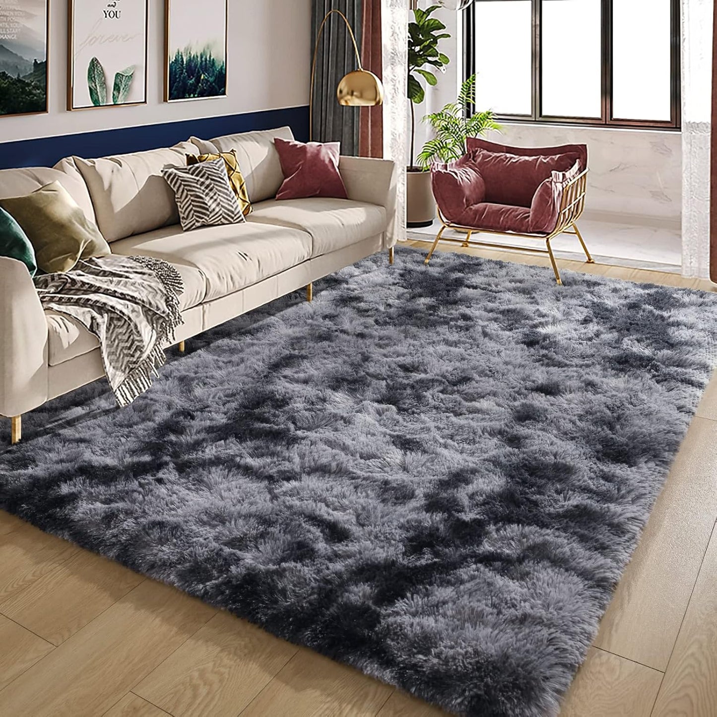 Soft Bedroom/Living Room Comfortable Shag Rug (200 x 140, Charcoal & Grey)