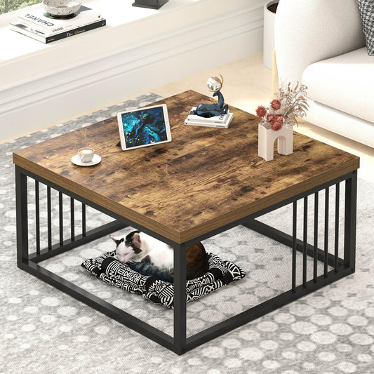 Urban Industrial Modern Rustic Wood and Metal Square Coffee Table