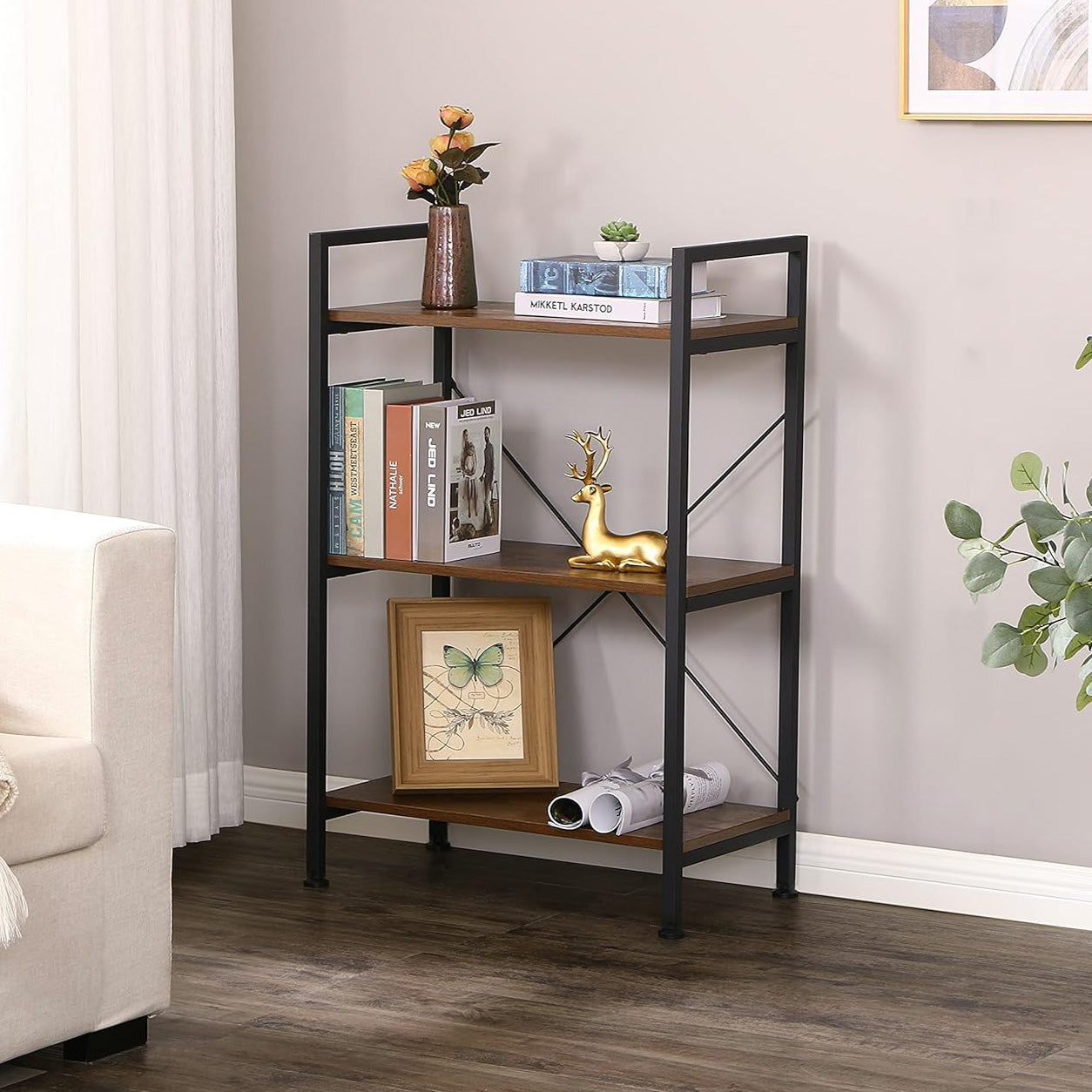 3 Tier Multifunction Heavy Duty Bookcase Rustic Wood & Steel Storage Shelf Organizer