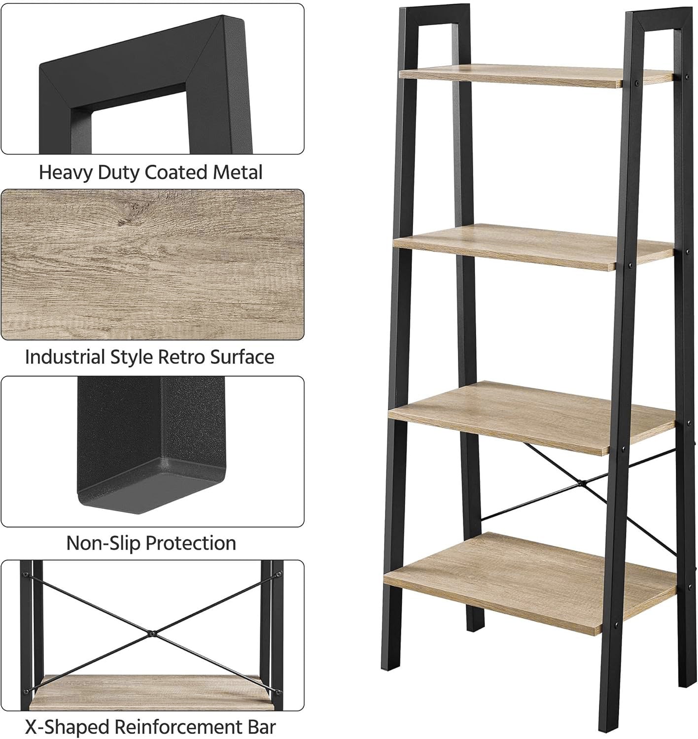 Elevate Rustic Oak 4-Tier Ladder Shelf Wood & Metal Bookcase Storage Organizer