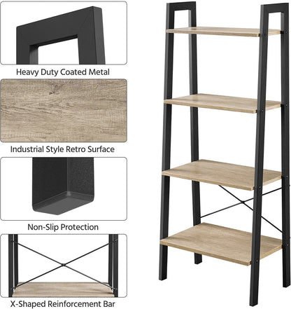 Elevate Rustic Oak 4-Tier Ladder Shelf Wood & Metal Bookcase Storage Organizer