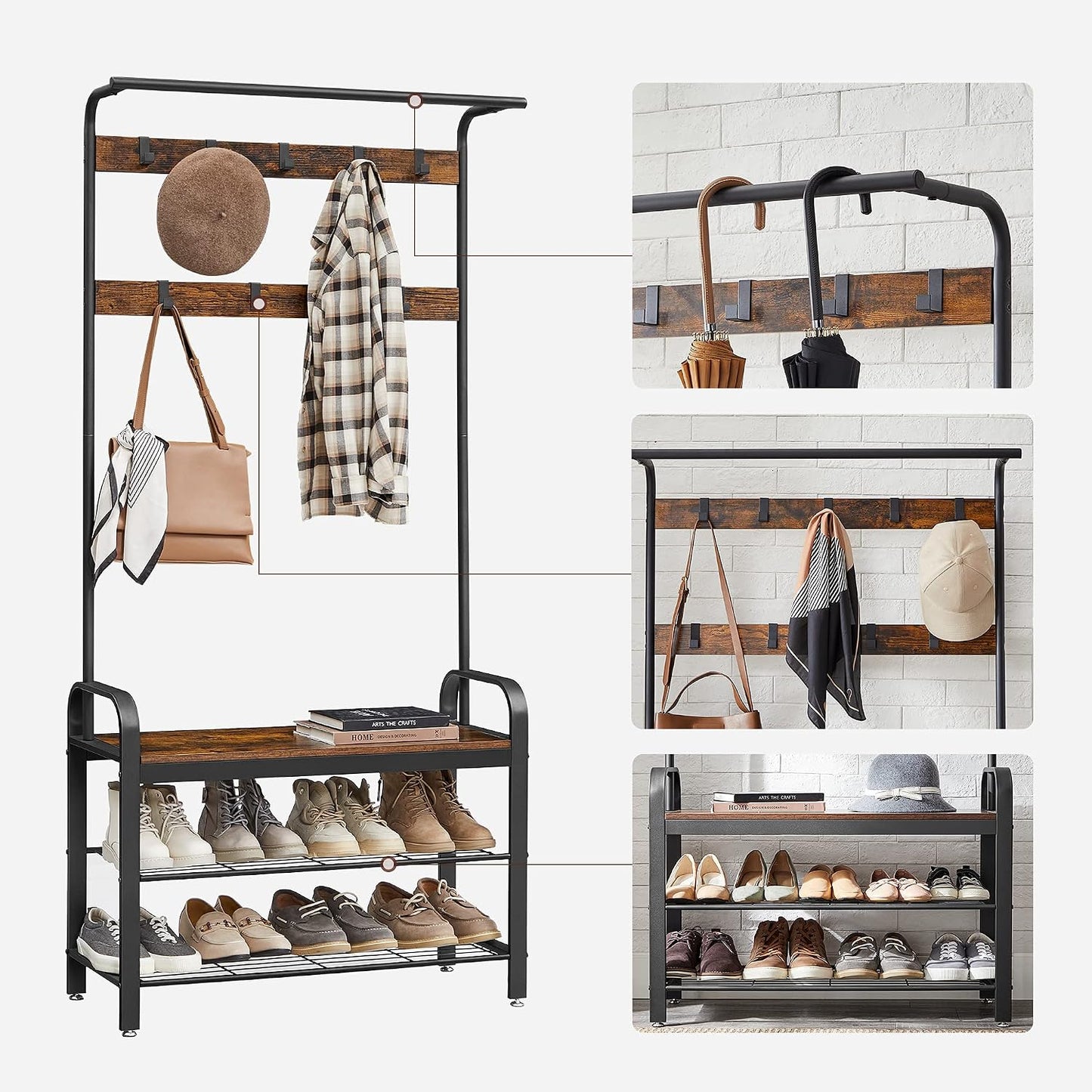 4-in-1 Tall Rustic Wood Coat Clothes Hanger Rack with Shoe Bench