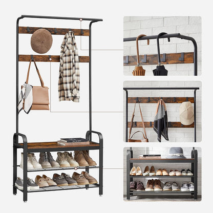 4-in-1 Tall Rustic Wood Coat Clothes Hanger Rack with Shoe Bench