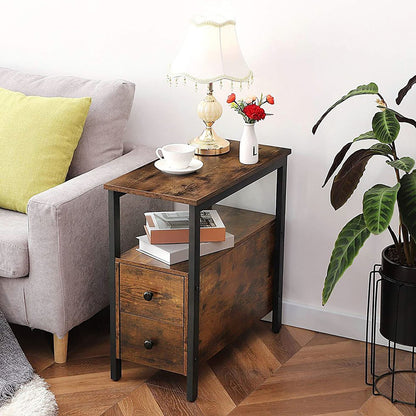 Verona Rustic Wood & Metal Bedside Sofa Side Table with Drawers