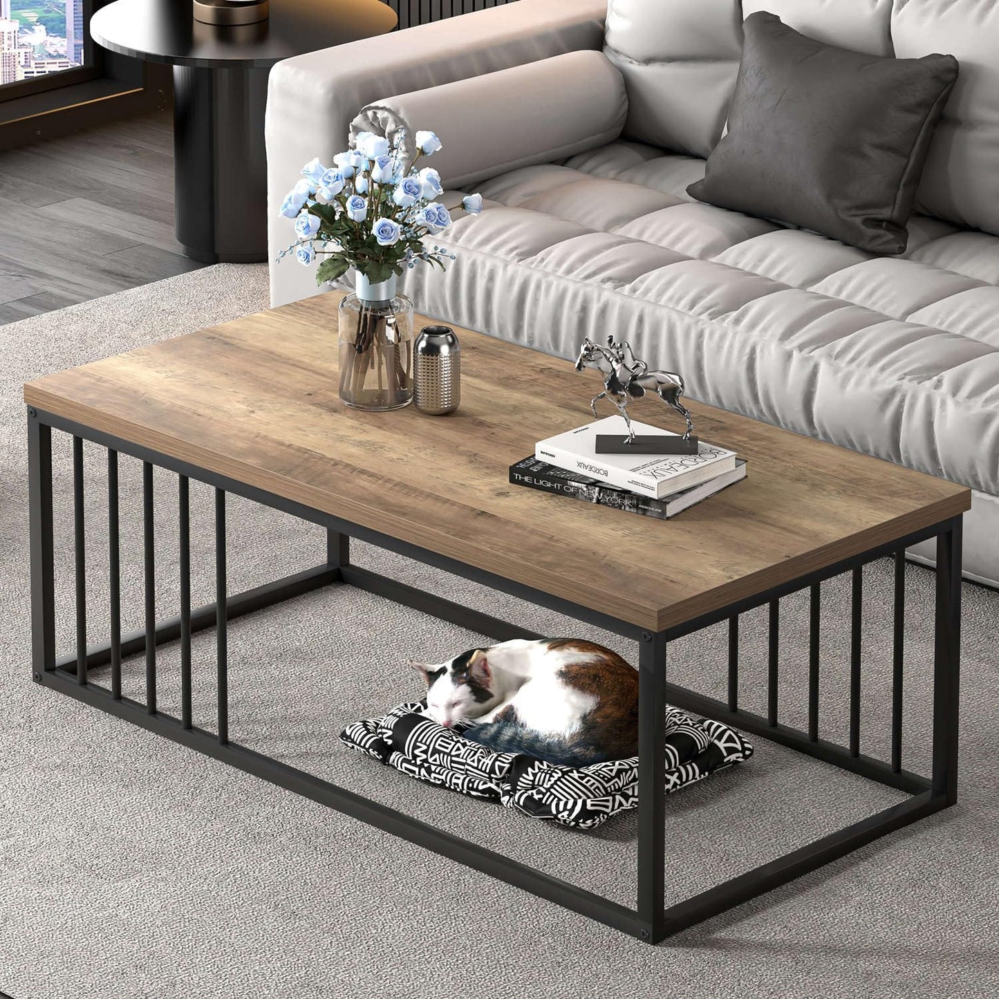 Urban Industrial Modern Wood and Metal Coffee Table Rustic Oak