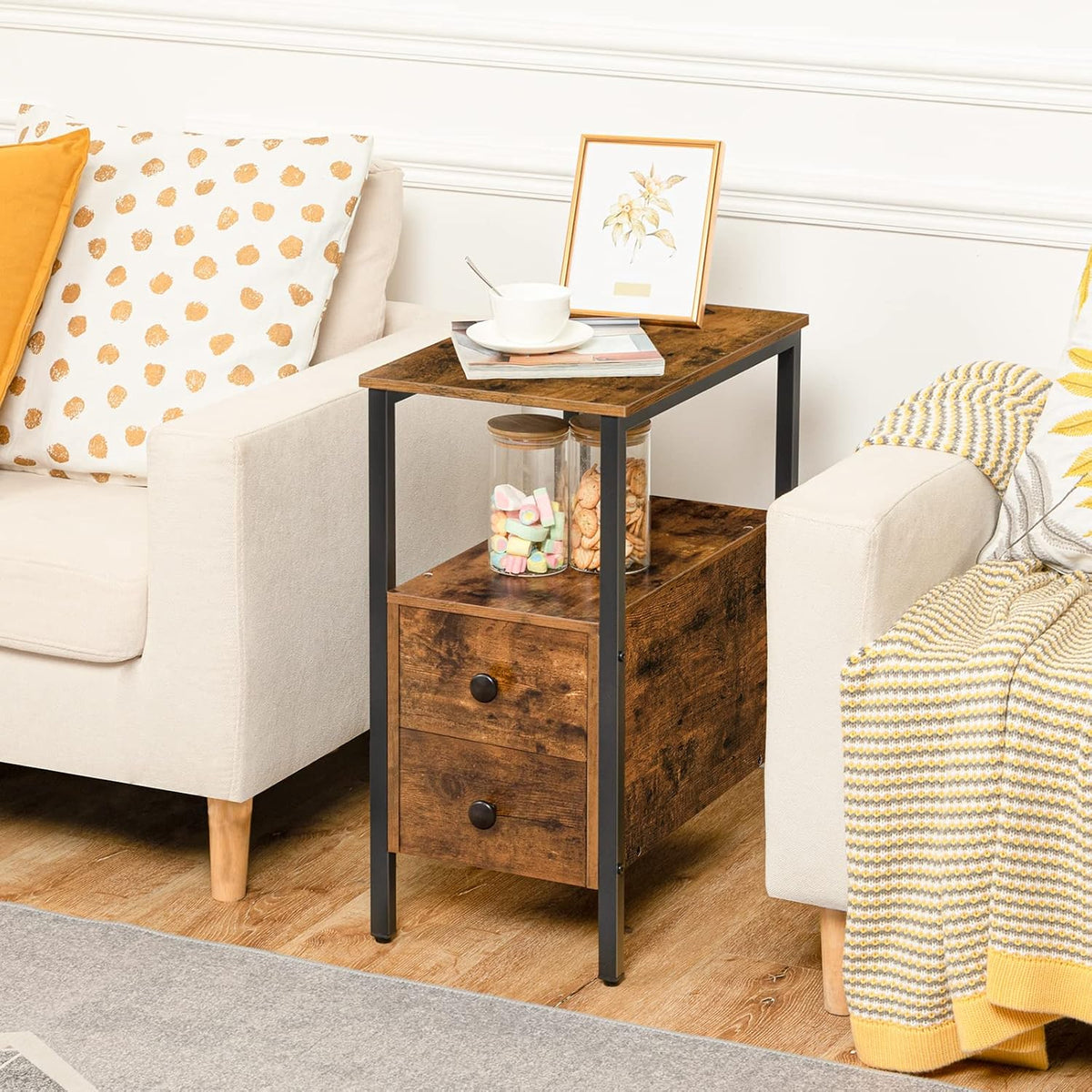 Verona Rustic Wood & Metal Bedside Sofa Side Table with Drawers