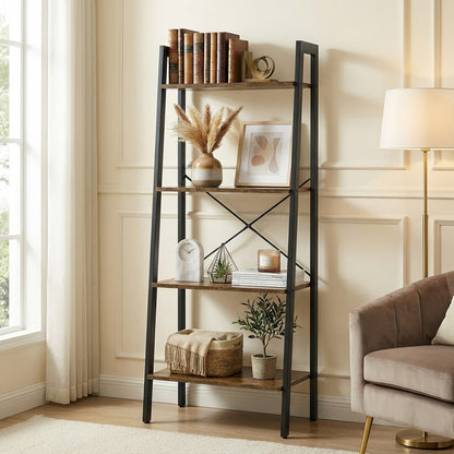 Elevate Rustic Wood & Metal 4-Tier Ladder Shelf Bookcase Storage Organizer