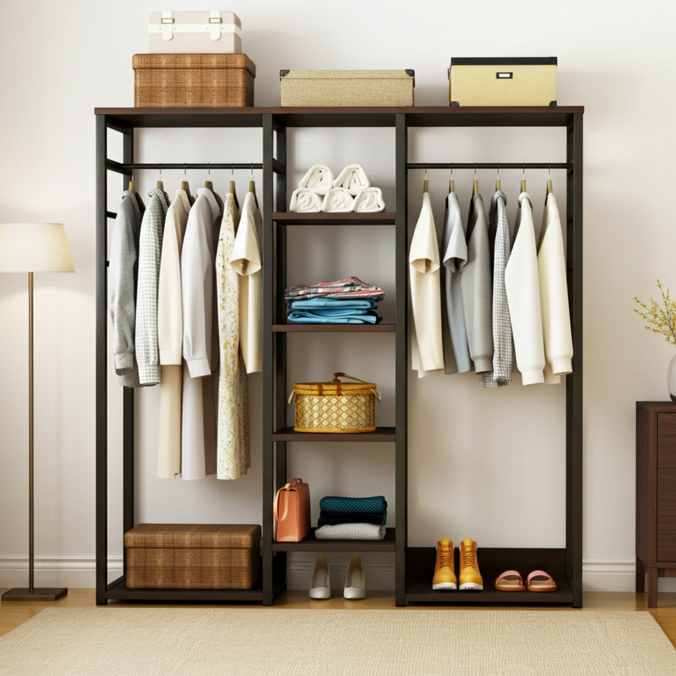 Galaxy Wardrobe Cupboard Shelves & Clothes Hanging Racks (Black Walnut)