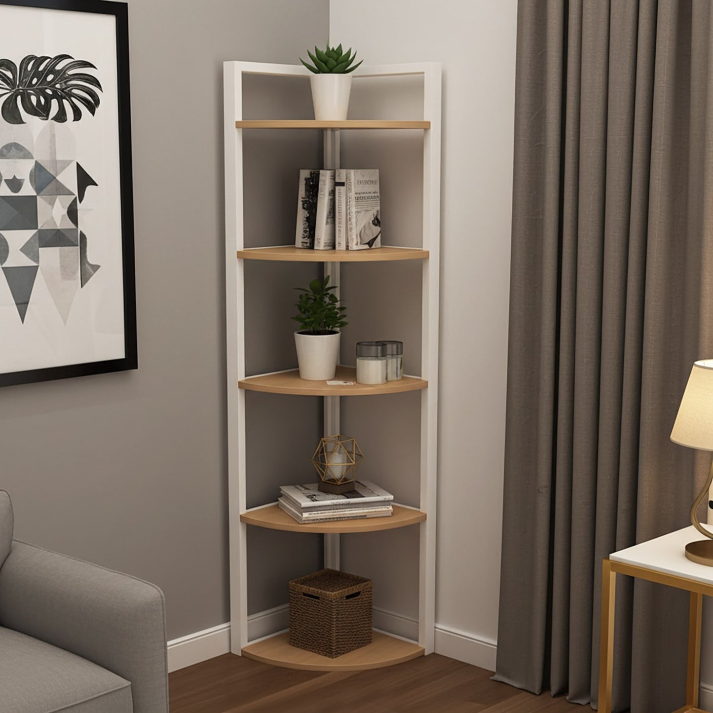 Optima 5 Tier Wood & Steel Corner Shelf Organizer Unit (Rustic Oak & White)