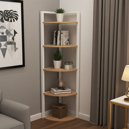 Optima 5 Tier Wood & Steel Corner Shelf Organizer Unit (Rustic Oak & White)