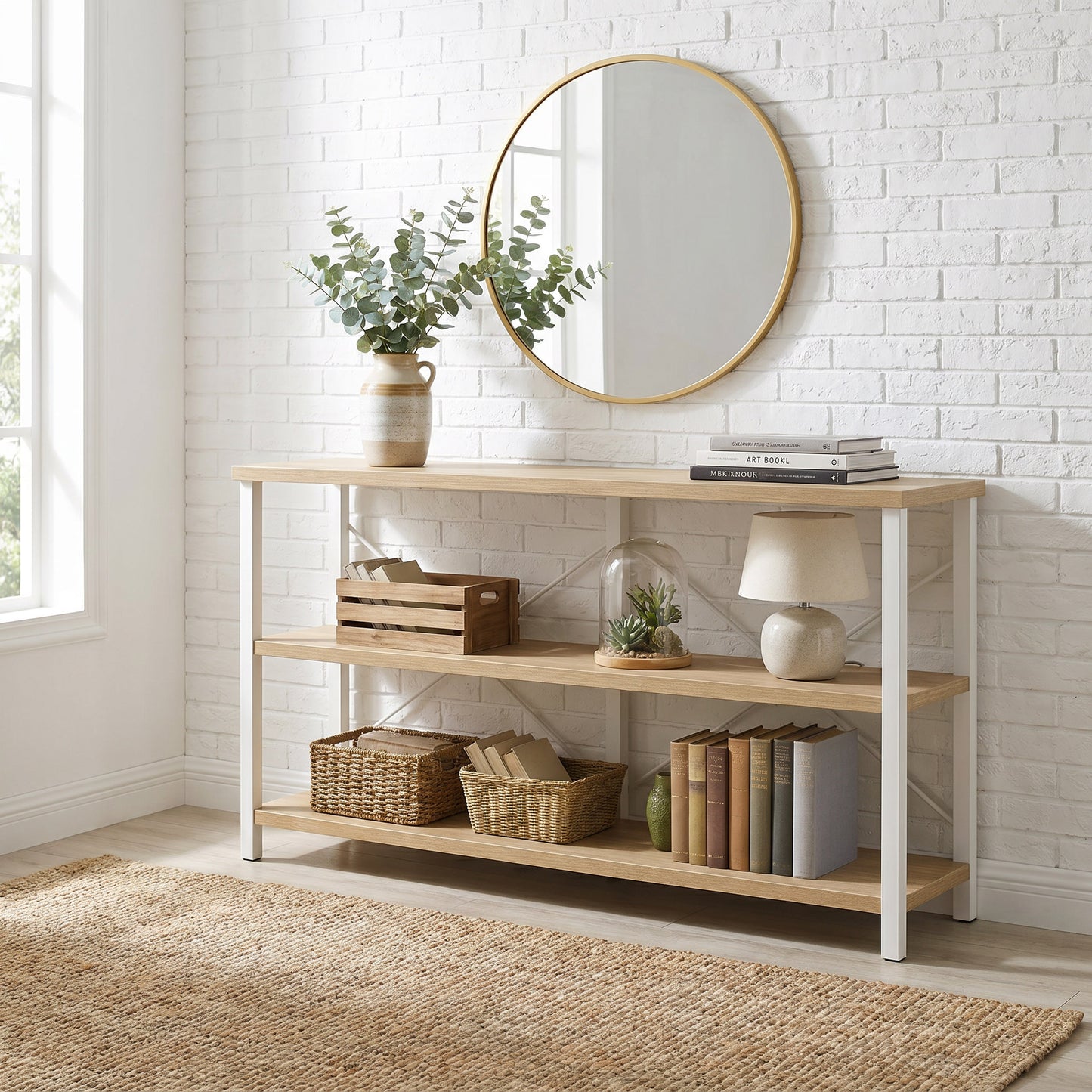 Serenity Industrial Console Table Bookcase TV Stand Storage Shelf Unit (Coastal Oak)