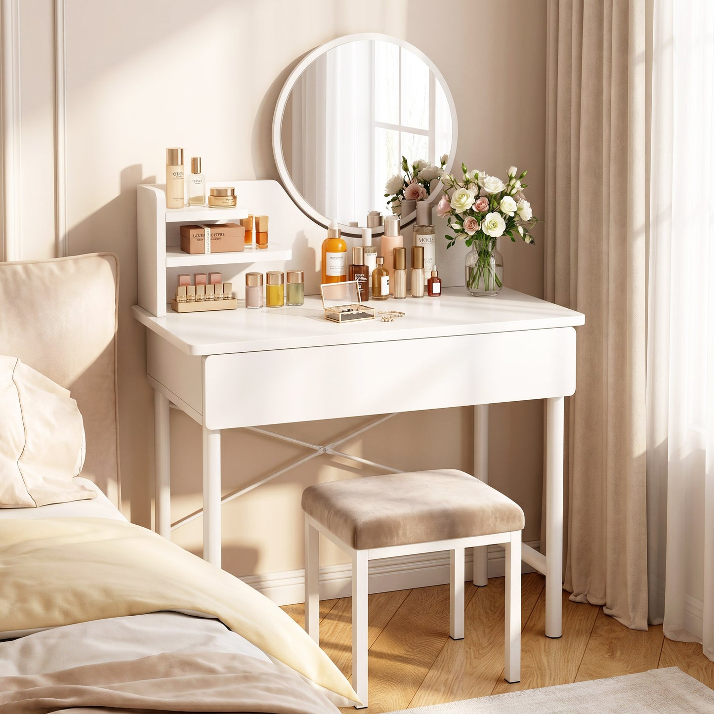 Luxe Dresser Makeup Vanity Dressing Table with Round Mirror Drawer White